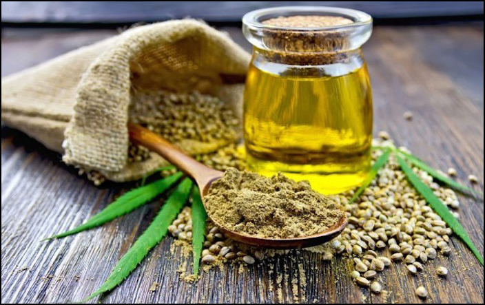 photo of hemp seeds, flour, oil and leaves